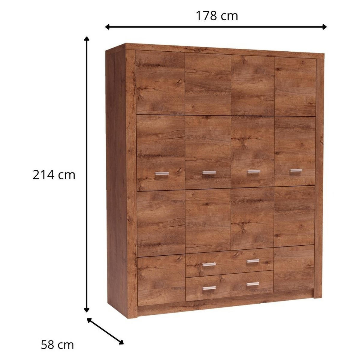 KLEIDERSCHRANK Indianapolis I-18 4-türig 178 x 214 x 58 cm Esche hell - Silberfarben/Braun, Holzwerkstoff/Metall (178/214/58cm) - Koseto