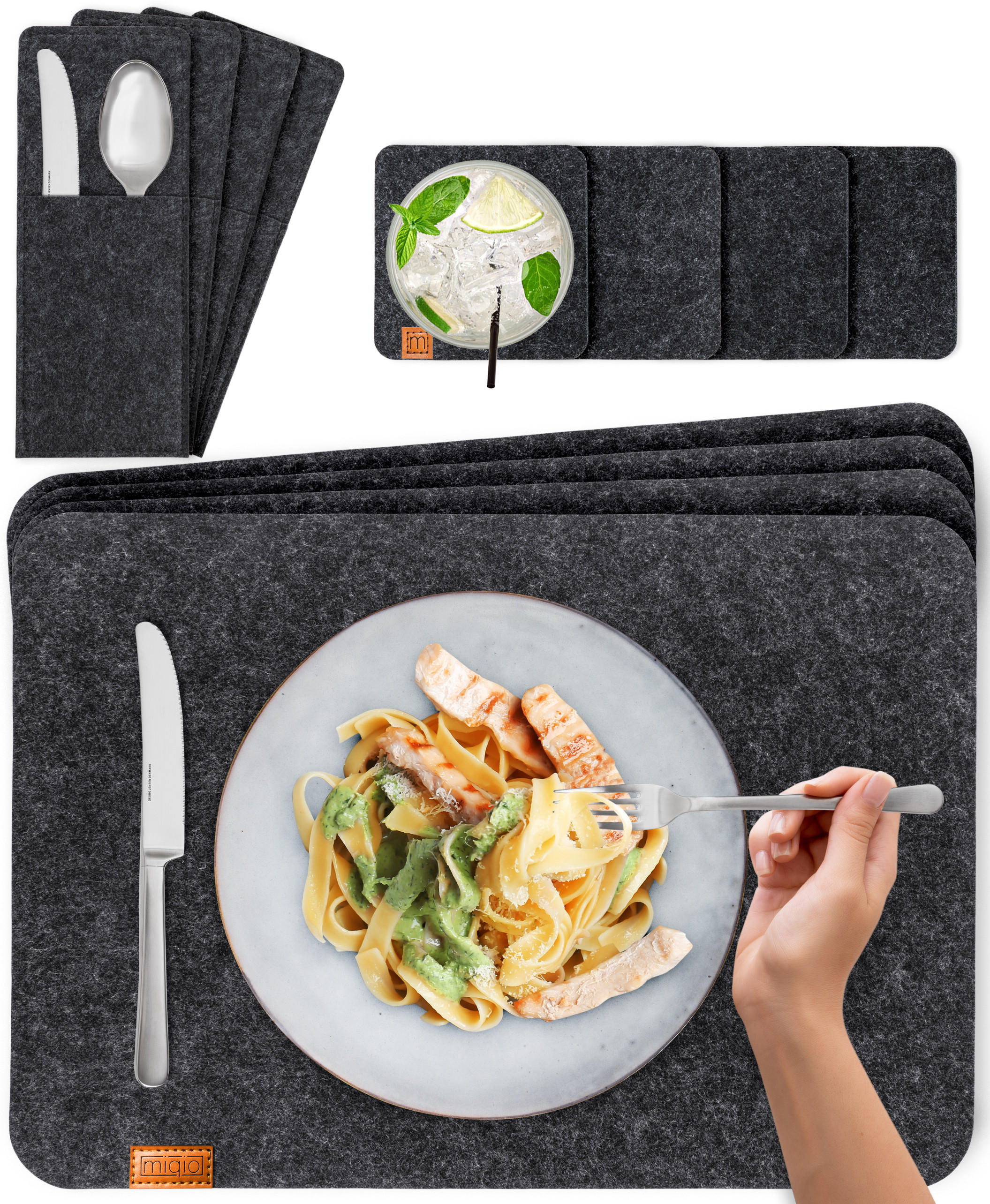 PLATZSETS Untersetzer Taschen 12er-Set - Dunkelgrau, Textil (44/45/3cm) - Miqio Design