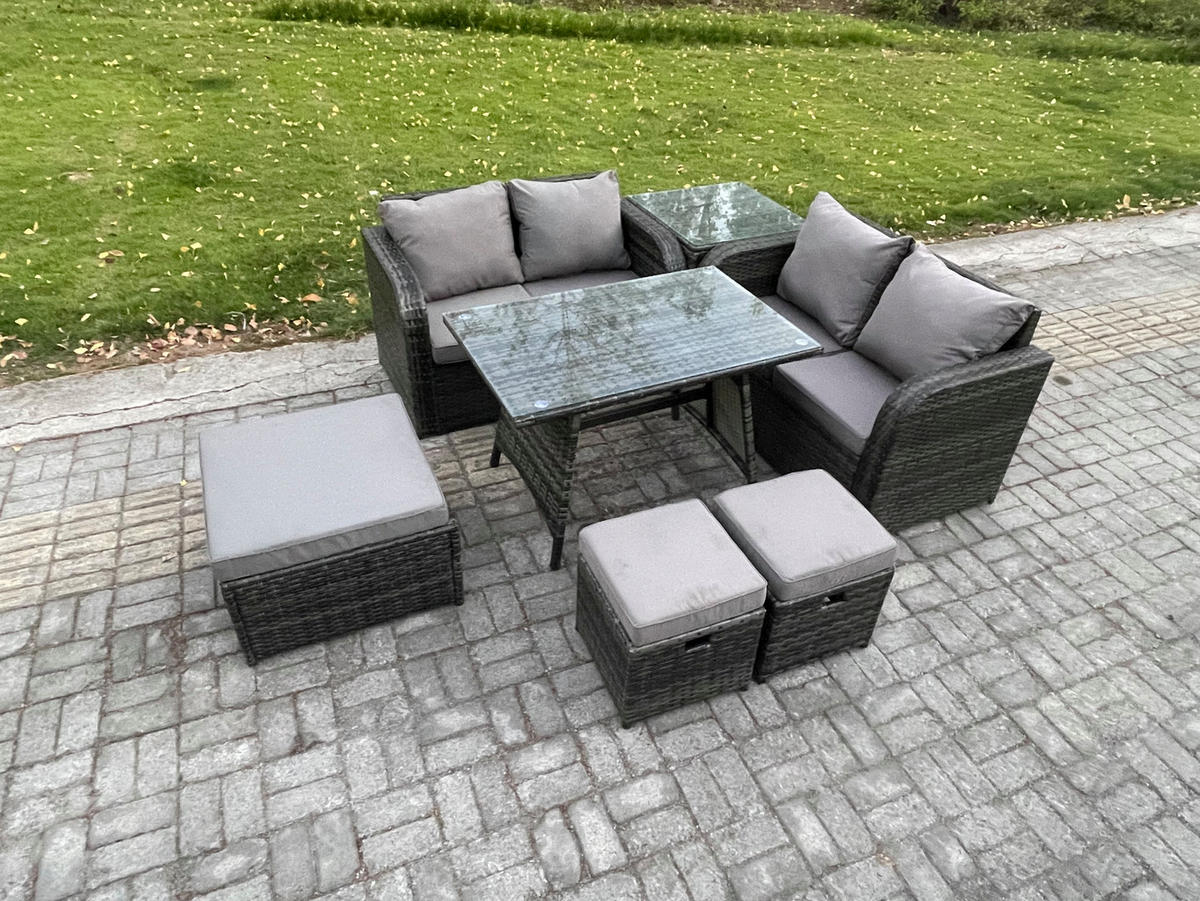 GARTENMÖBELSET mit ESSTISCH,SOFA Polyrattan 7-Sitzer - Dunkelgrau/Grau, Glas/Kunststoff - Fimous