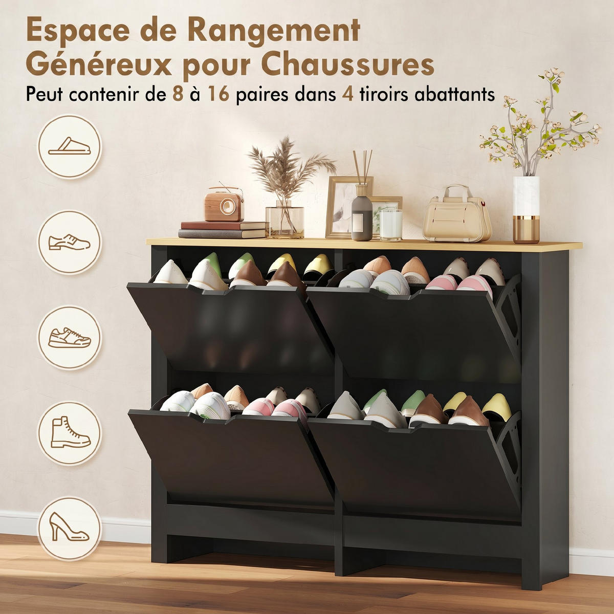 SCHUHSCHRANK Schwarz Natur Holzwerkstoff klappbar mit 4 Fächern 1 Stück - Multicolor, Holz (105/80/26cm) - PANGIVO