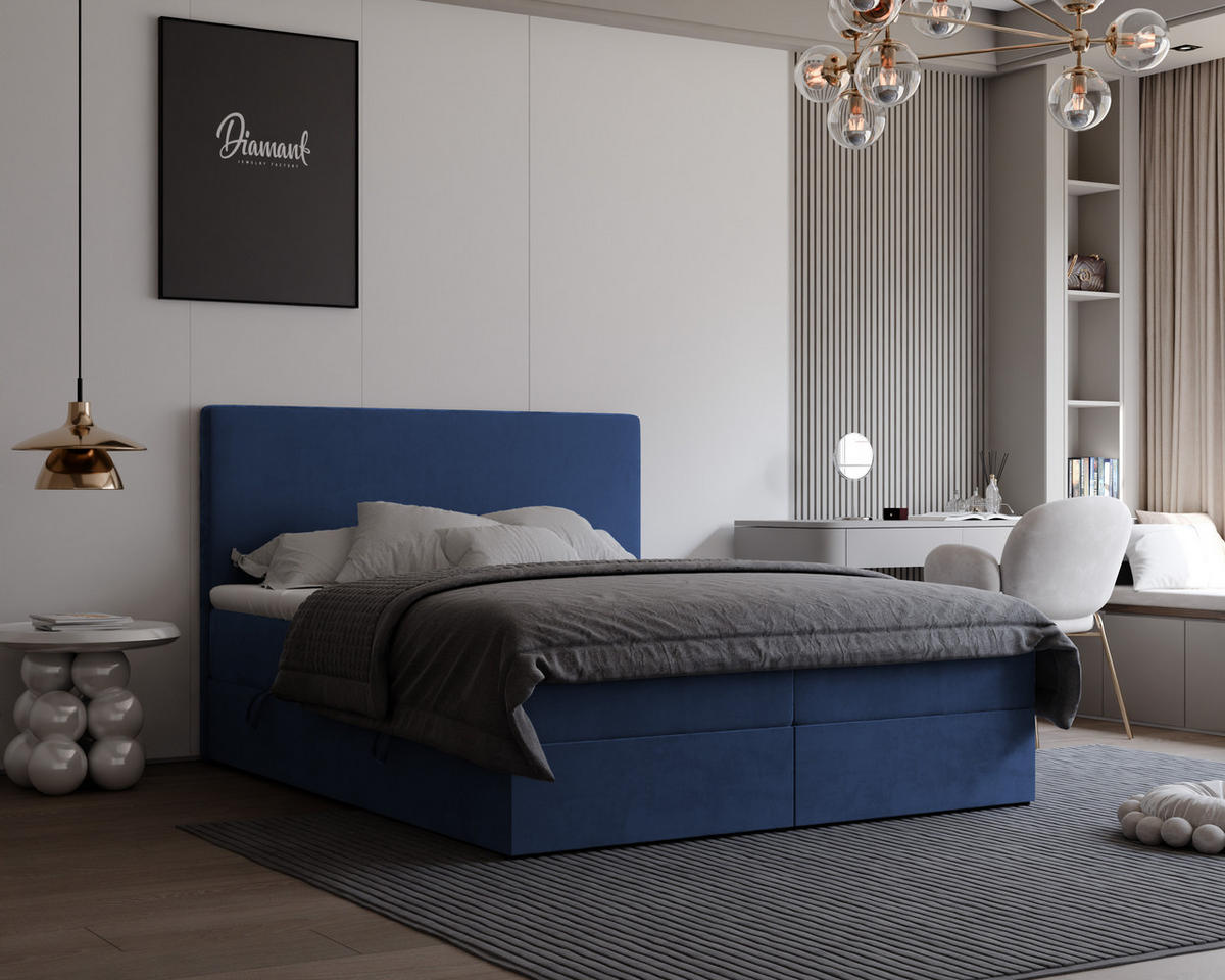 BOXBETT GIULIA 160/200 cm mit Matratze und Topper, Marineblau - Dunkelblau, Textil (160/200cm) - Idohome