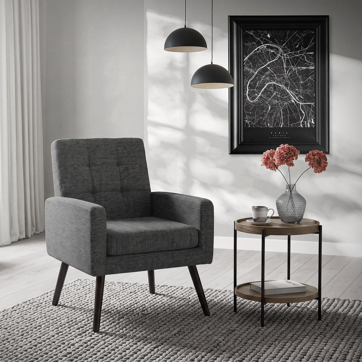 SESSEL mit Stahlbeinen und Webstruktur Relaxsessel 66,5x80x63,5 cm Anthrazit - Anthrazit/Schwarz, Textil/Metall (66.5/80/63.5cm) - ML-DESIGN