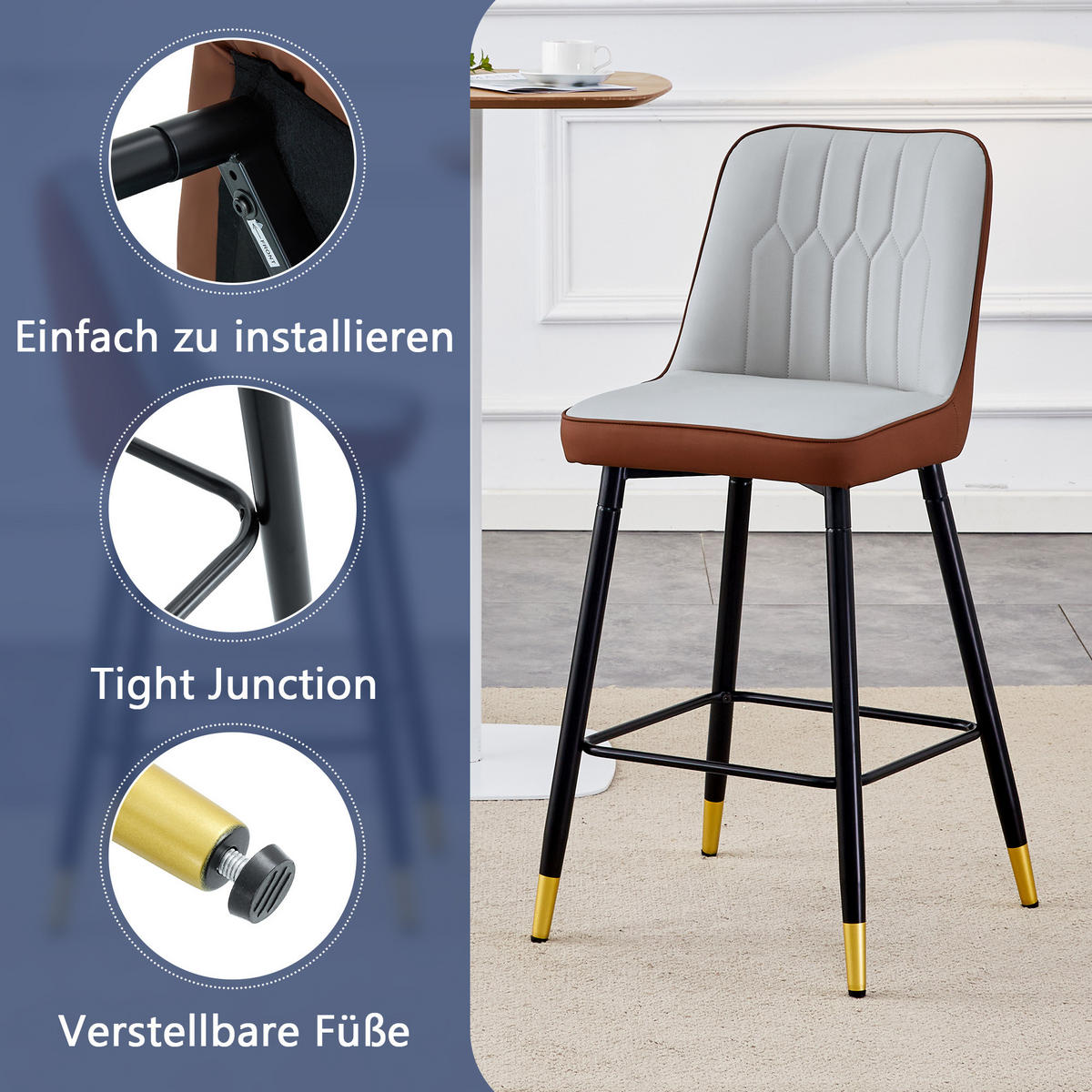 BARHOCKER 2er-Set Hellgrau/Braun mit PU-Leder und Fußraste - Braun, Metall (42/100/45cm) - PANGIVO