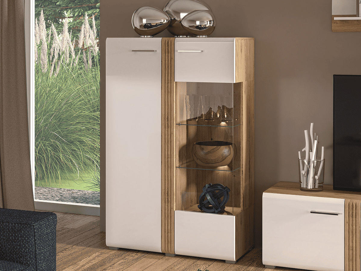 VITRINE – 92 cm – Adagio – Weiß / Eichefarben – Anschlag rechts – VT-GEN148 - Eichefarben/Weiß, Holzwerkstoff (92/143/42cm) - hi-markt