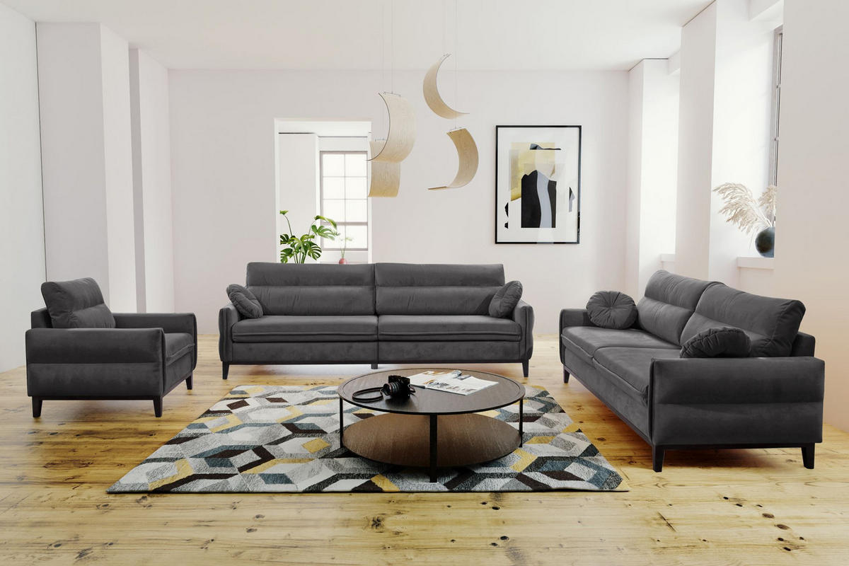 SITZGARNITUR Belweder, zwei Sofas+Sessel, Grau, Velours - Wengefarben/Grau, Holz/Textil (268/95/94cm) - Beautysofa