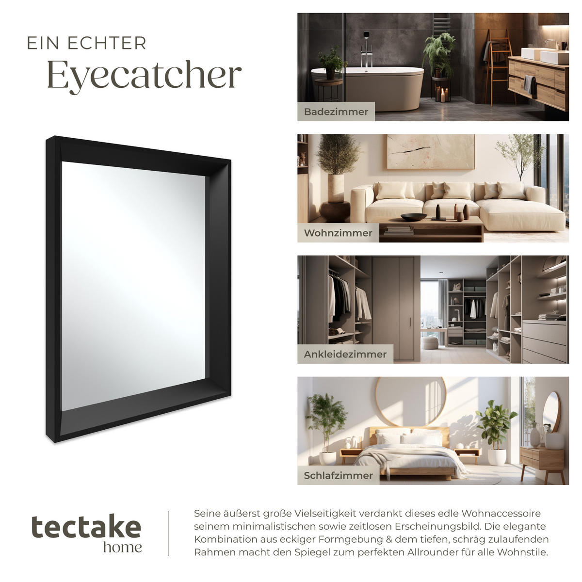 RECHTECKIGER WANDSPIEGEL Elina,integrierte Befestigungshaken,schwarz - Schwarz, Glas (40.6/50.8/3.8cm) - tectake