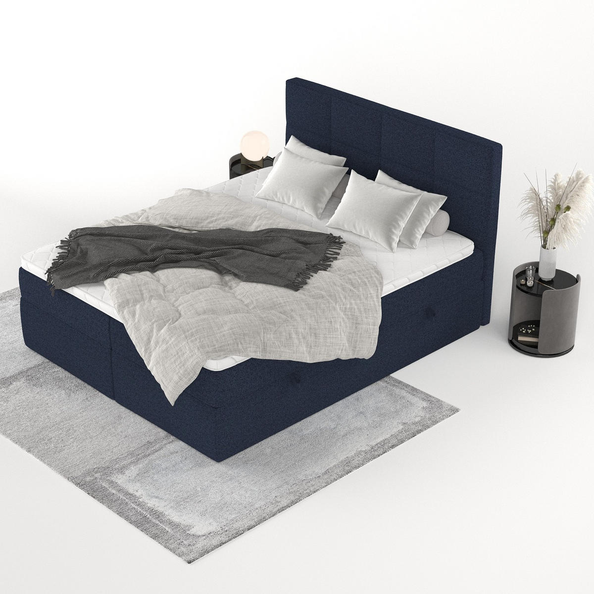 BOXBETT Oris 140/200 cm Marineblau im Riva Stoff - Schwarz/Dunkelblau, Holz/Holzwerkstoff (140/200cm) - AltaBeds