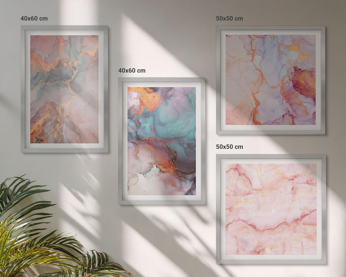 WANDBILDER 4er Set - 50x50 cm & 40x60 cm Silberner Rahmen - Abstrakte Pastellmuster - Silberfarben, Kunststoff (50/50cm) - ArtPrintCave