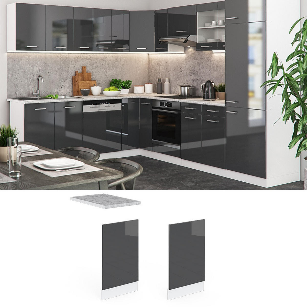 SPREDNJA PLOŠČA R-Line Antracit z visokim sijajem 45 cm brez delovne plošče - črna/bela, leseni material (45/57.2/1.6cm) - Vicco