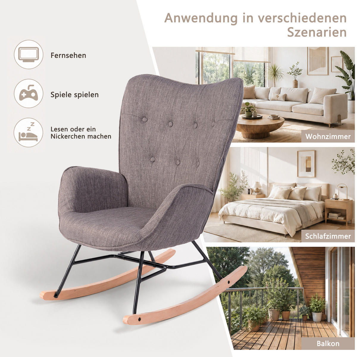 SCHAUKELSTUHL aus dunkelgrauem Stoff, skandinavisches Design, für Wohnzimmer und Schlafzimmer - Dunkelbraun, Textil/Metall (66/97/84cm) - Meubles Cosy