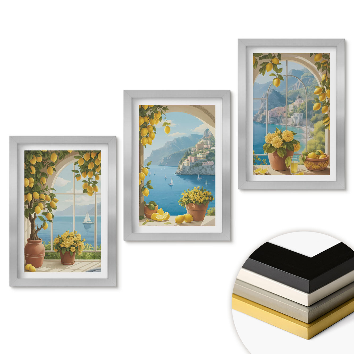 WANDBILDER 3er Set - 20x30 cm Silberner Rahmen - Meereslandschaften, Zitronen, Fenster - Silberfarben, Kunststoff (20/30cm) - ArtPrintCave