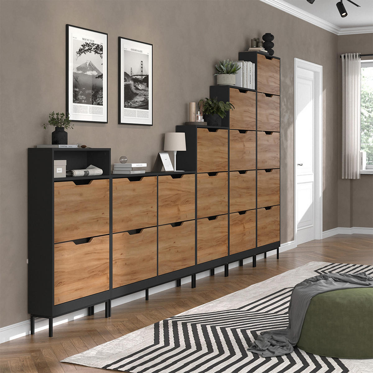 SCHUHKIPPER Luca, Anthrazit/Goldkraft Eiche, 116 x 88.5 cm mit 2x2 Kippfächern - Honigeiche/Anthrazit, Holzwerkstoff (116/88.5/17cm) - Vicco