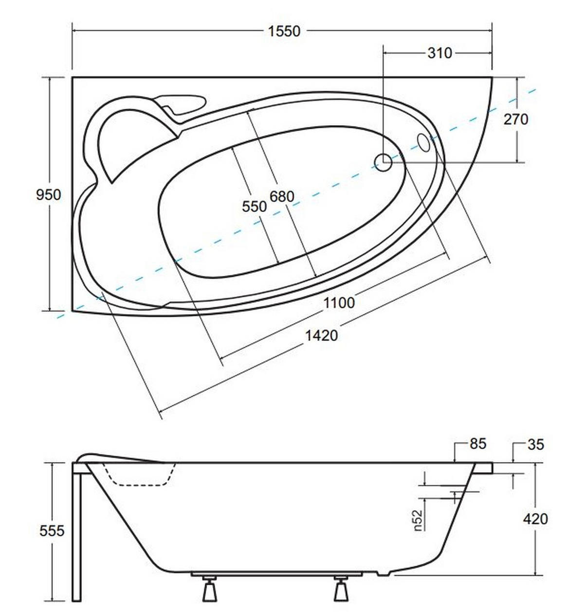 BADEWANNE Eckwanne FINEZJA 155/95 Links mit Schürze Ablauf Füße - Weiß, Kunststoff (95/55.5/155cm) - bad land