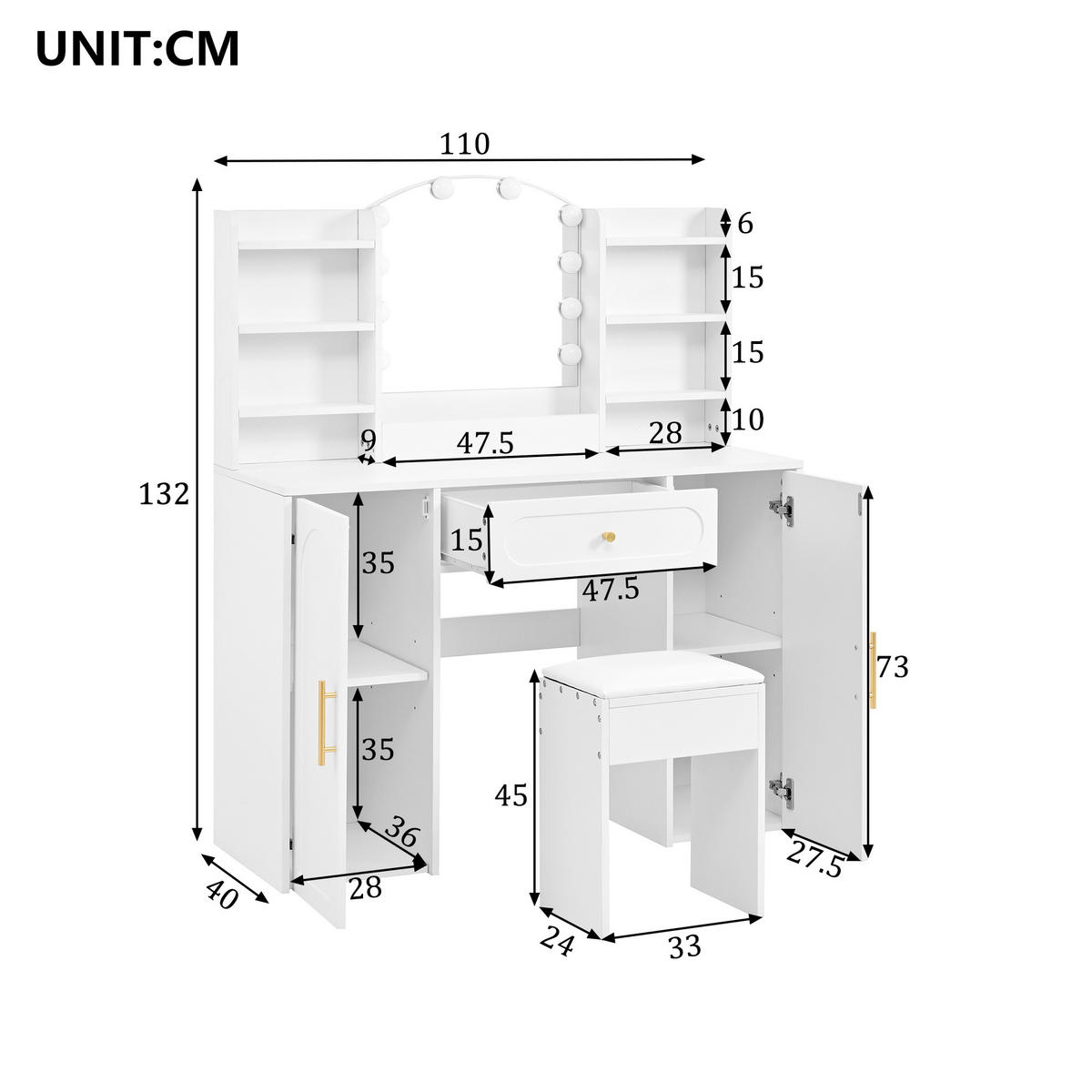GROSSER Schminktisch mit LED-Spiegel, dimmbar, inkl. Hocker, 1 Schublade & 2 Türen, modern, Weiß, 110x40x132 cm - Weiß, Holz (40/132/110cm) - Ej. Life