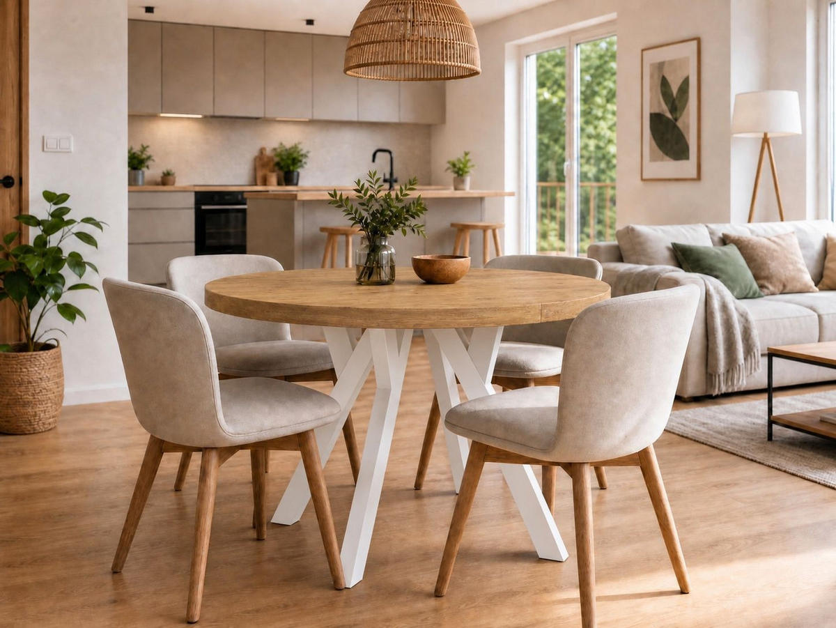 ESSTISCH ausziehbar rund ATO, 100-200 cm, Dekor Lancelot, weiße Holzbeine - Weiß/Braun, Holzwerkstoff/Buchenholz (100/100/77cm) - VENASI MÖBEL