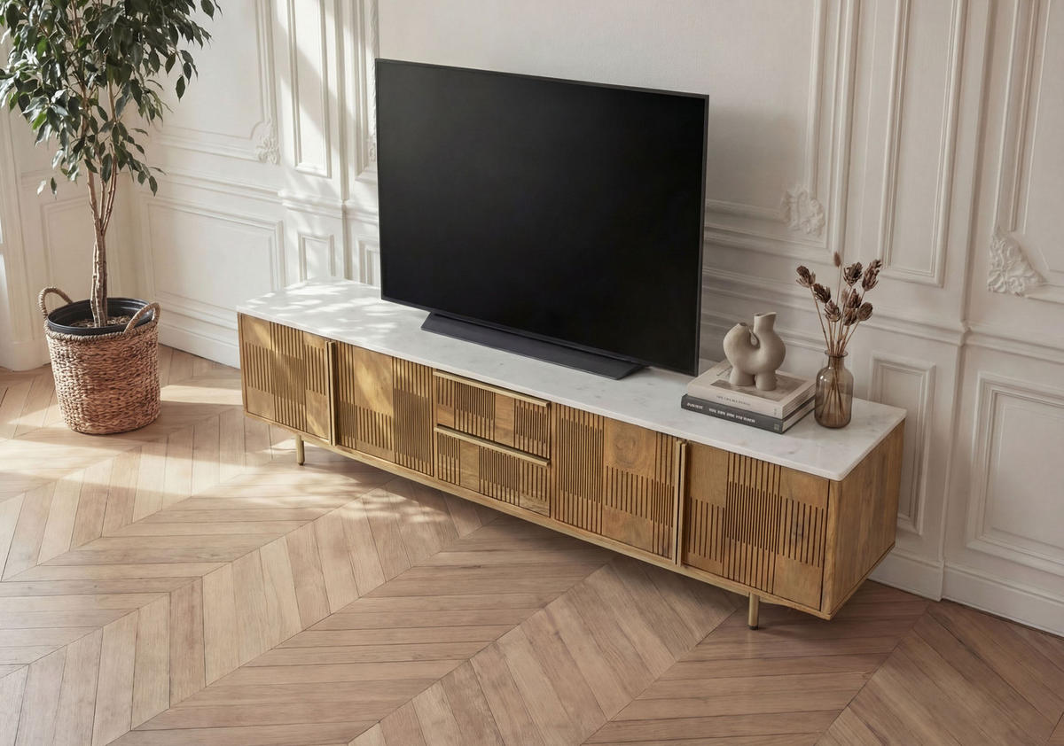 TV-BOARD Mango 200x40x50 hellbraun geölt / Marmor weiß MIAMI #105 - Braun, Holz (200/50/40cm) - Massivmoebel24