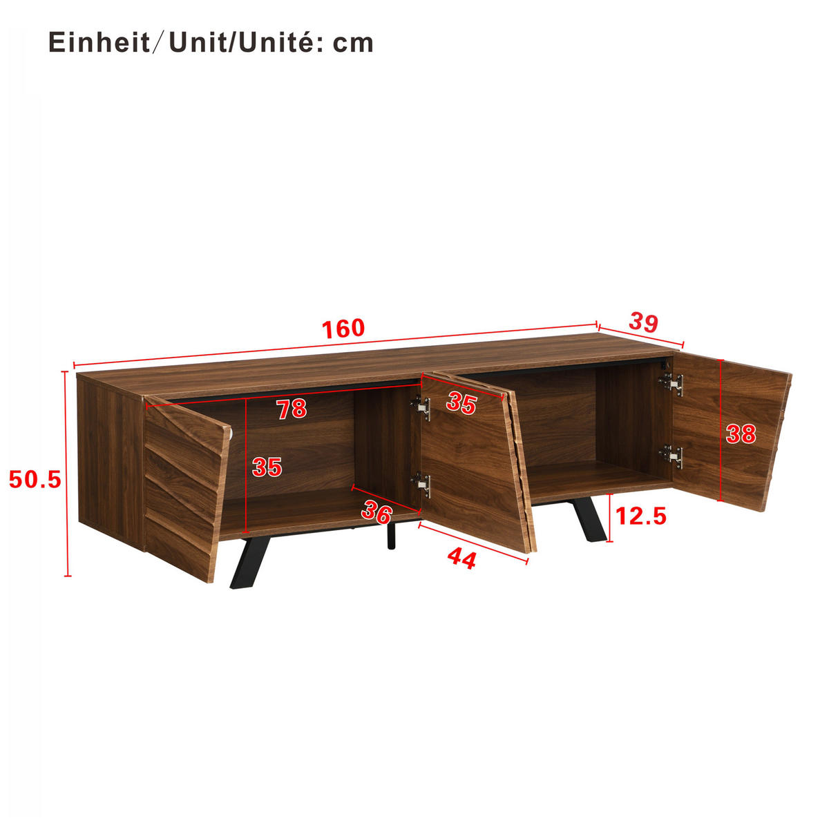 TV-LOWBOARD aus MDF 160x39x50,5 cm Walnussholzfarbe mit Wellenfront, Kabelmanagement und Stauraum - Walnussfarben, Holzwerkstoff (160/50.5/39cm) - IVMEU
