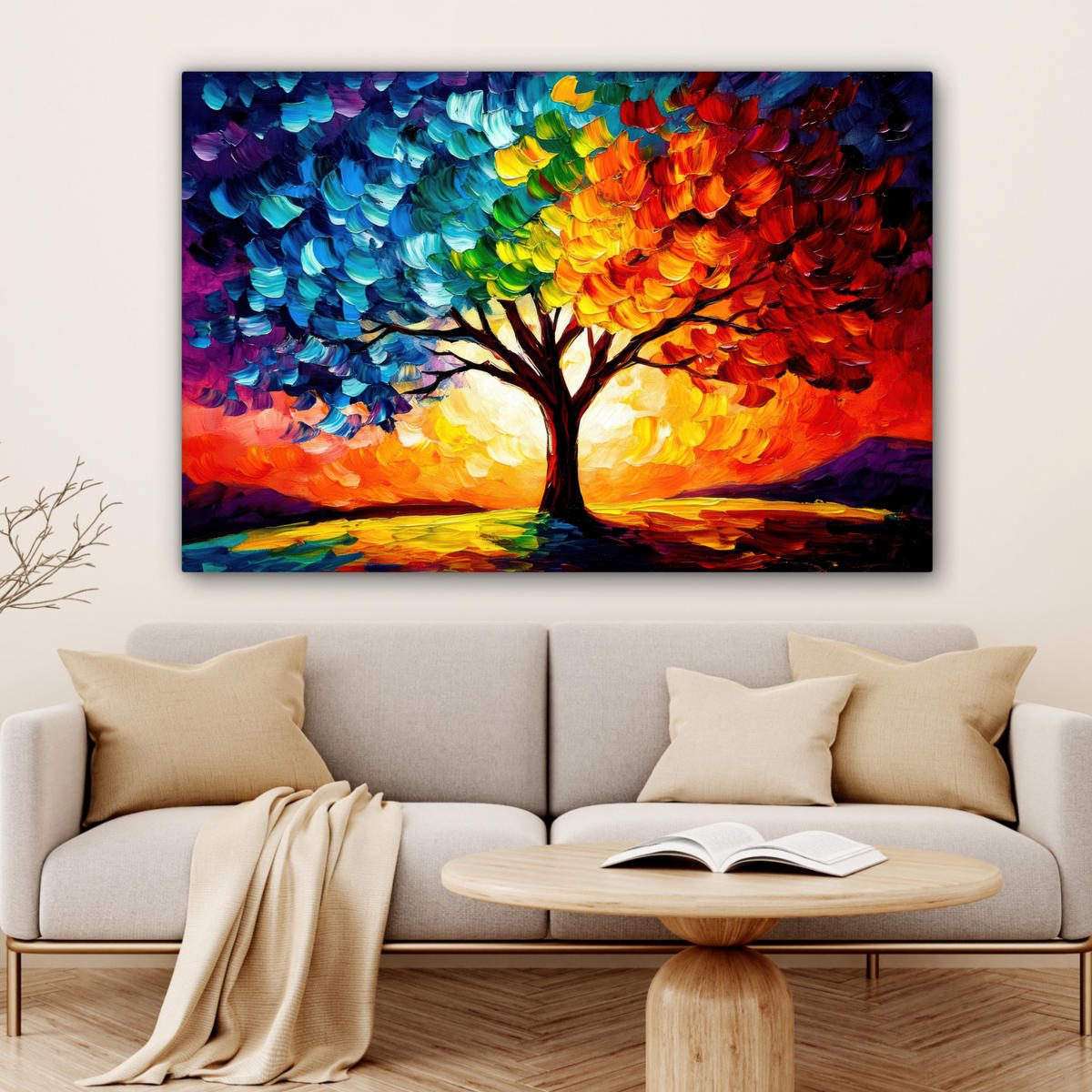 LEINWANDBILD - Baum - Kunst - Natur - Sonnenuntergang - 120x80 - Kunstdruck - Multicolor, Textil (120/80cm) - MuchoWow