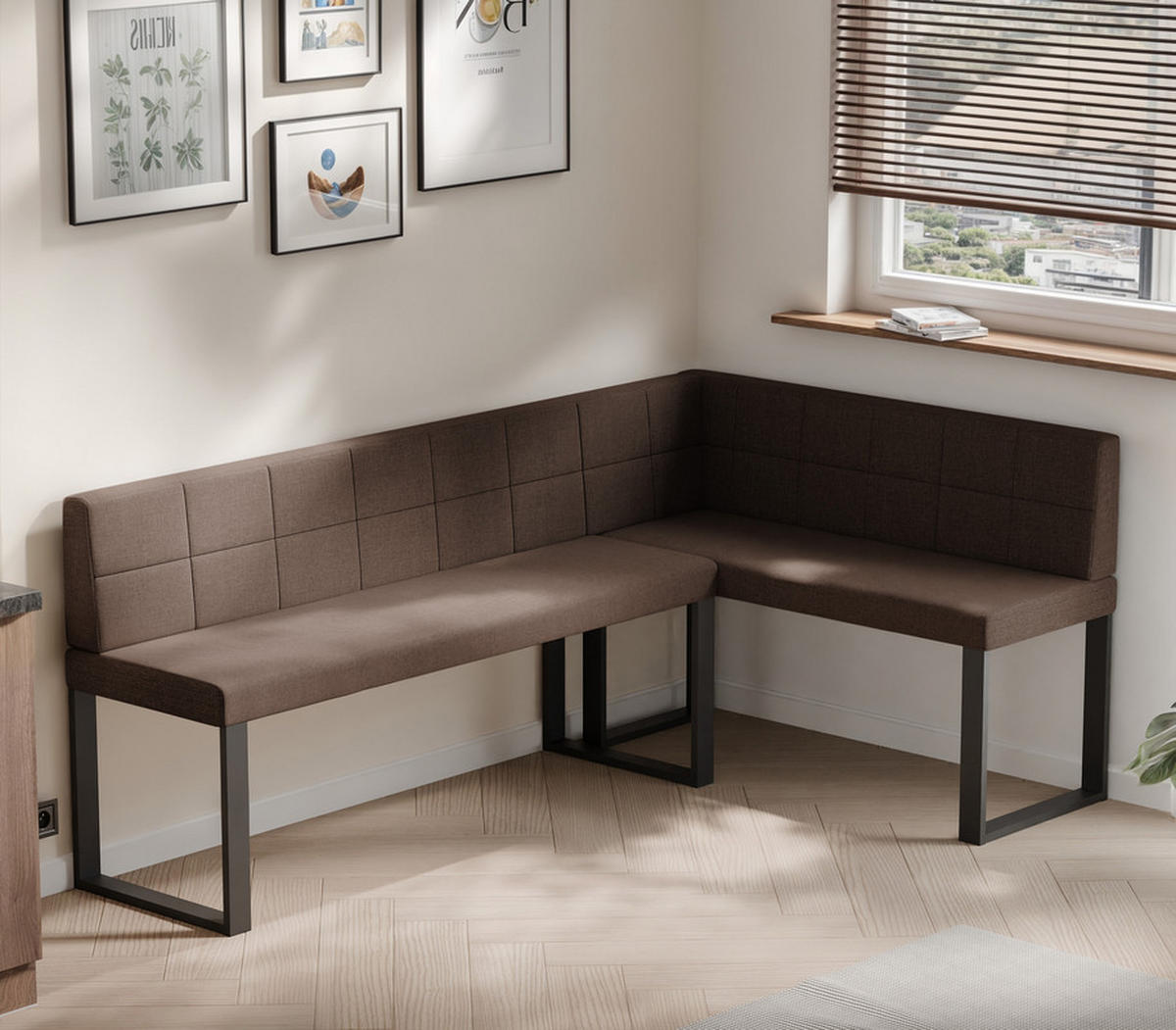 ECKBANK rechts SANA U Webstoff gesteppt, 142/196 cm Braun - Braun, Textil/Metall (142/196cm) - Idohome