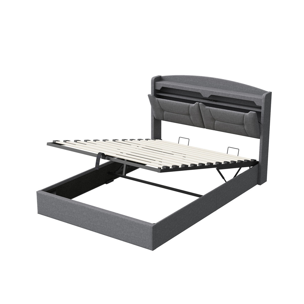DOPPELBETT 140x200 cm Grau Leinen, Polsterbett, Hydraulischer Bettkasten, LED und USB, Tragfähigkeit 300 kg, Skandinavischer Stil - Grau, Textil/Metall (140/200cm) - GENKI LIVING