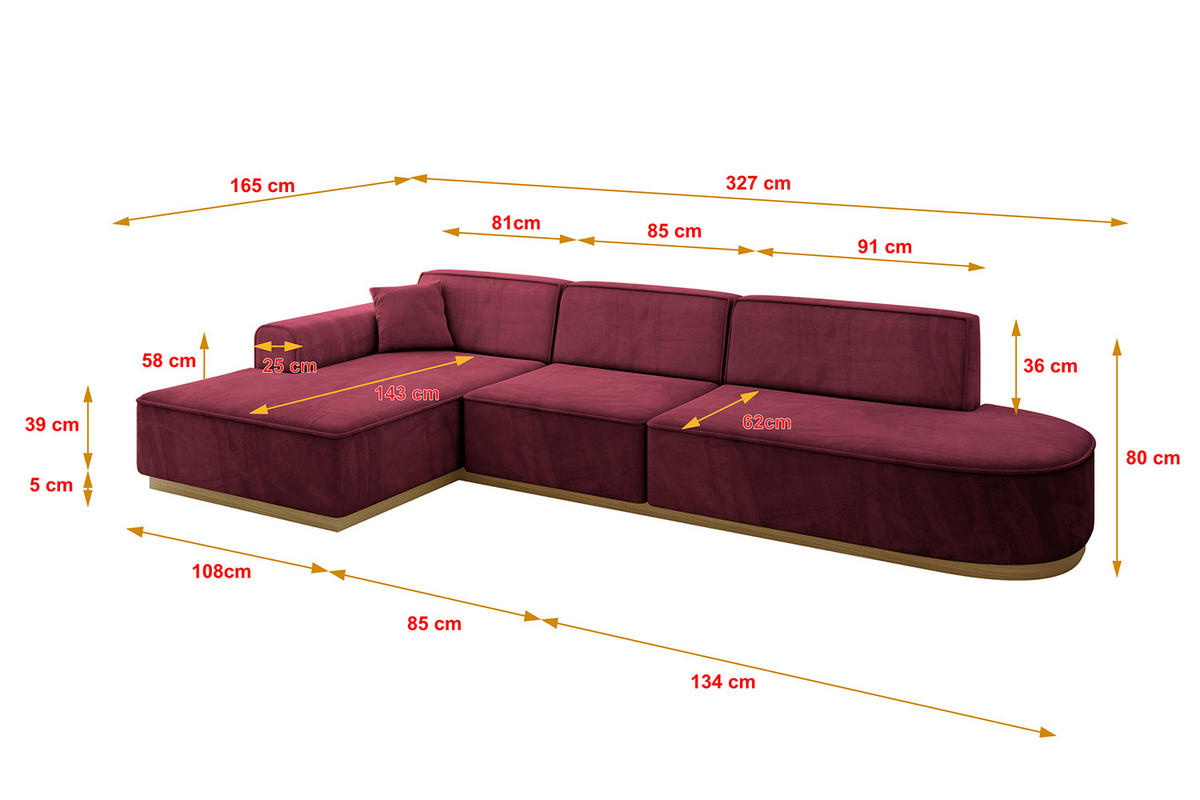 ECKSOFA Ottomane Links IREA-L2-v2 - 327x165x80 cm Bordeauxrot - Bordeaux, Holzwerkstoff/Textil (327/165cm) - ALTDECOR