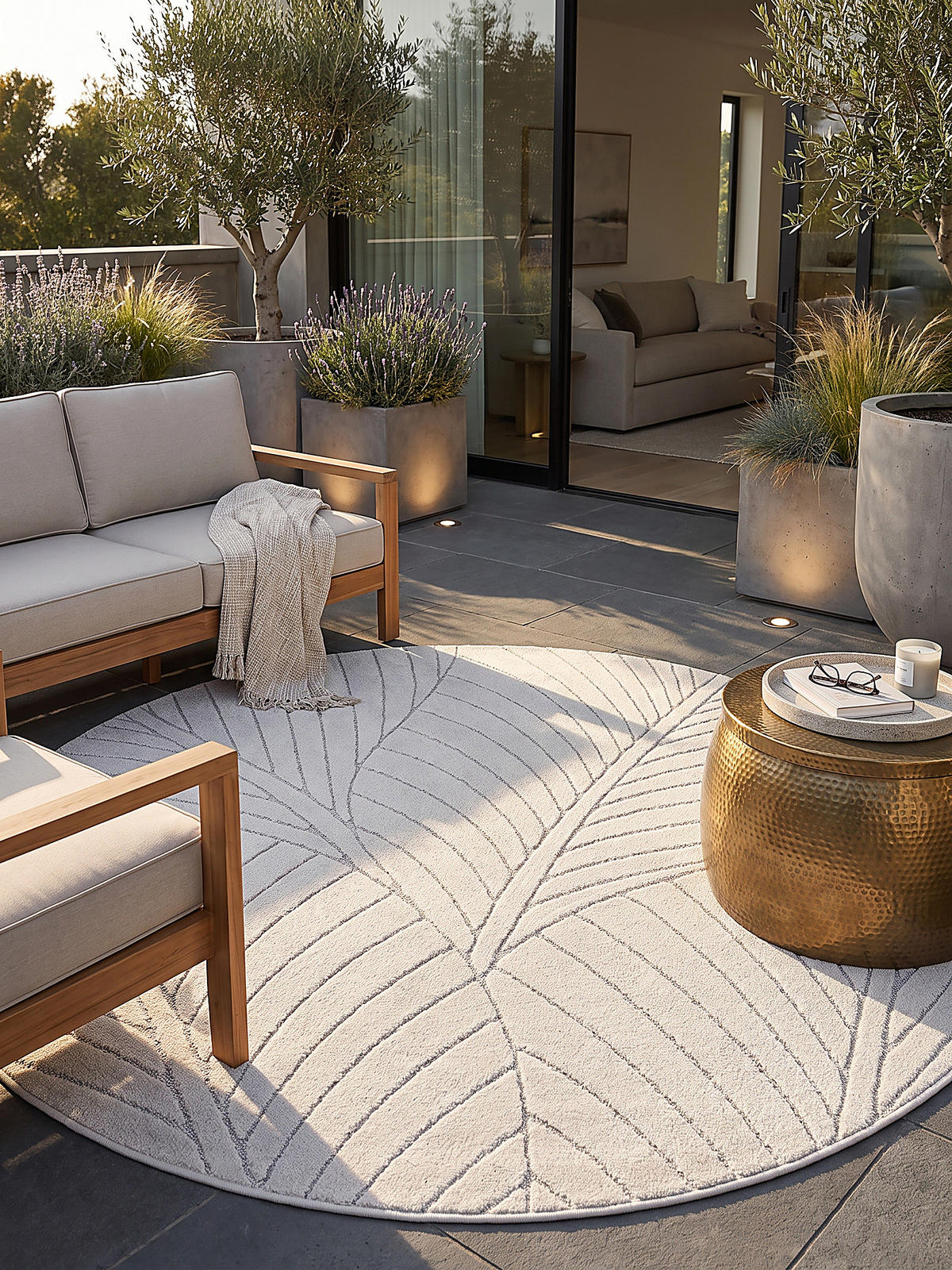 TEPPICH Outdoor, Fußbodenheizung-geeignet, mit Blattmotiv, ENGADIN in Creme, Ø 200 cm - Creme, Textil (200/200cm) - KADIMA DESIGN