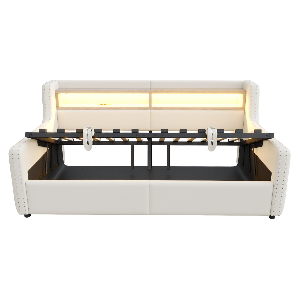 POLSTERBETT 90/200 cm DE-02101, in Beige, mit Sofafunktion, LED und Hydraulik - Beige, Metall (90/200cm) - ComfortXL