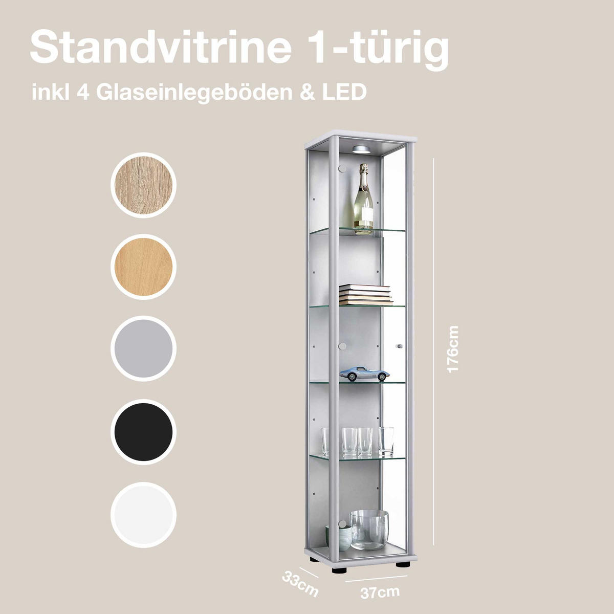 GLASVITRINE 33/37/176 cm mit LED & 4 höhenverstellbaren Glasböden - Transparent/Silberfarben, Glas/Holzwerkstoff (37/176/33cm) - K-Möbel