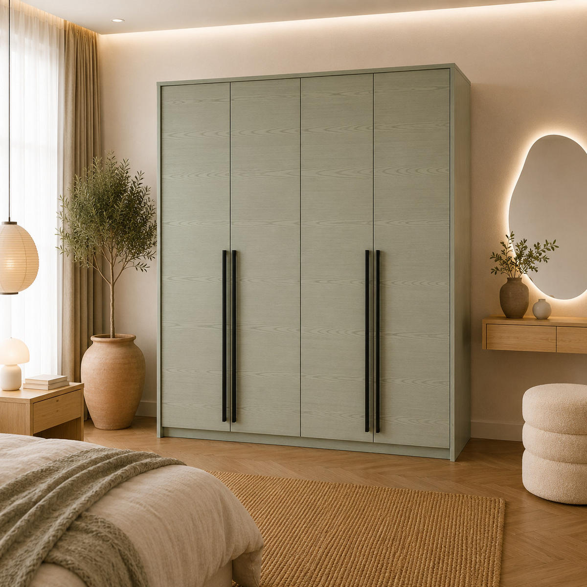 KLEIDERSCHRANK: Eukalyptus / Griffe Silber, 210 x 65 x 217,2 cm - Silberfarben/Grün, Holzwerkstoff (210/217.2/65cm) - 3XE LIVING