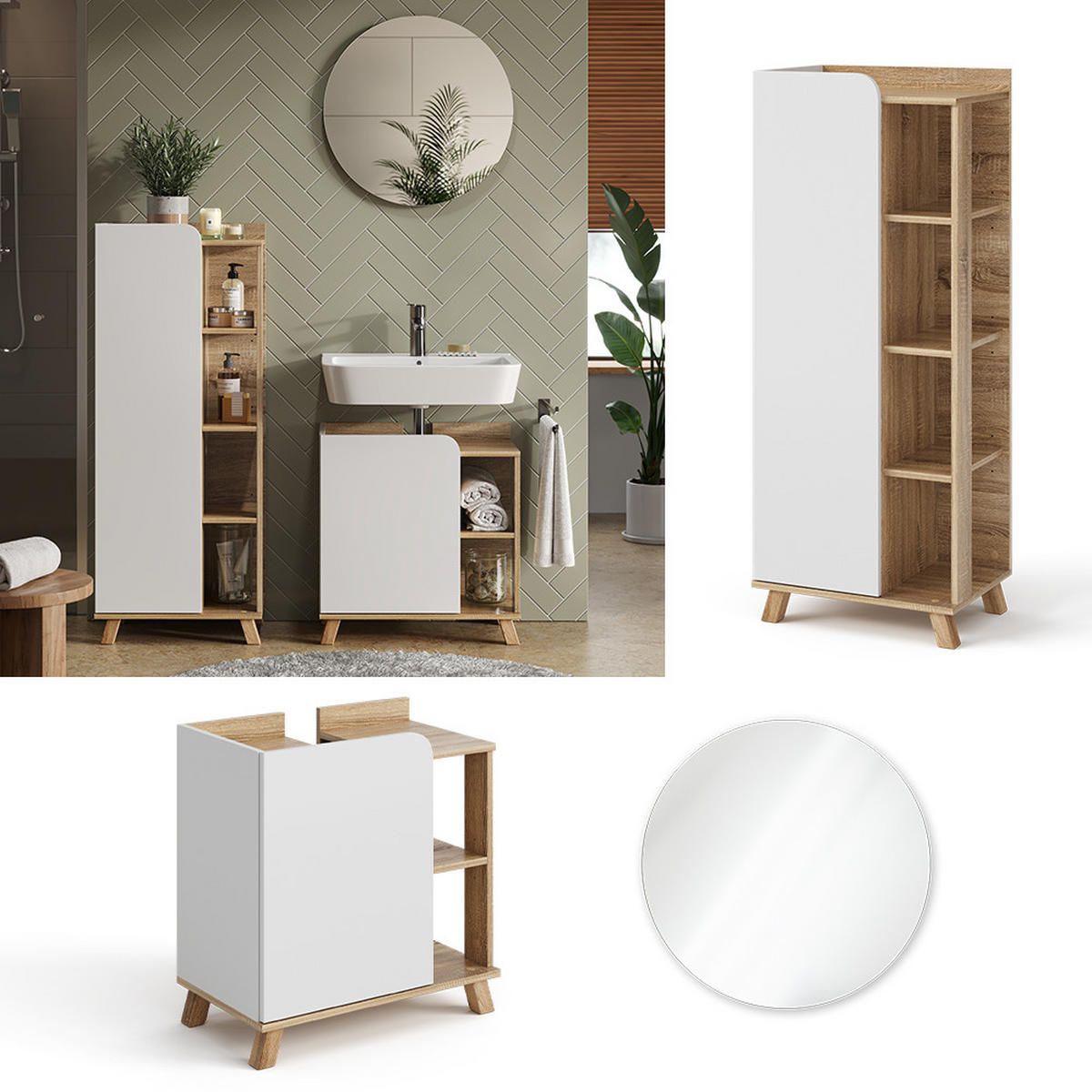 BADMÖBEL-SET Karen Sonoma/Weiß 3 Teile - Weiß/Sonoma Eiche, Holzwerkstoff (60/65/35cm) - Vicco