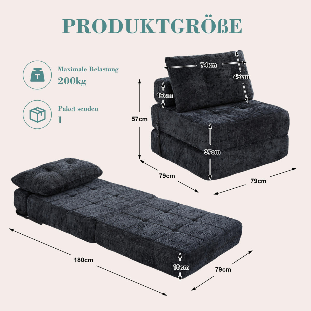 SCHLAFSESSEL klappbar 79x180 cm Chenille Schwarz - Schwarz, Kunststoff (79/57/79cm) - Beauniv