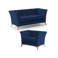 SITZGARNITUR 2+1 Chesterfield Whitby Marineblau Samt mit goldenen Füßen - Blau/Goldfarben, Holz/Textil (175/78/82cm) - S-Style Möbel