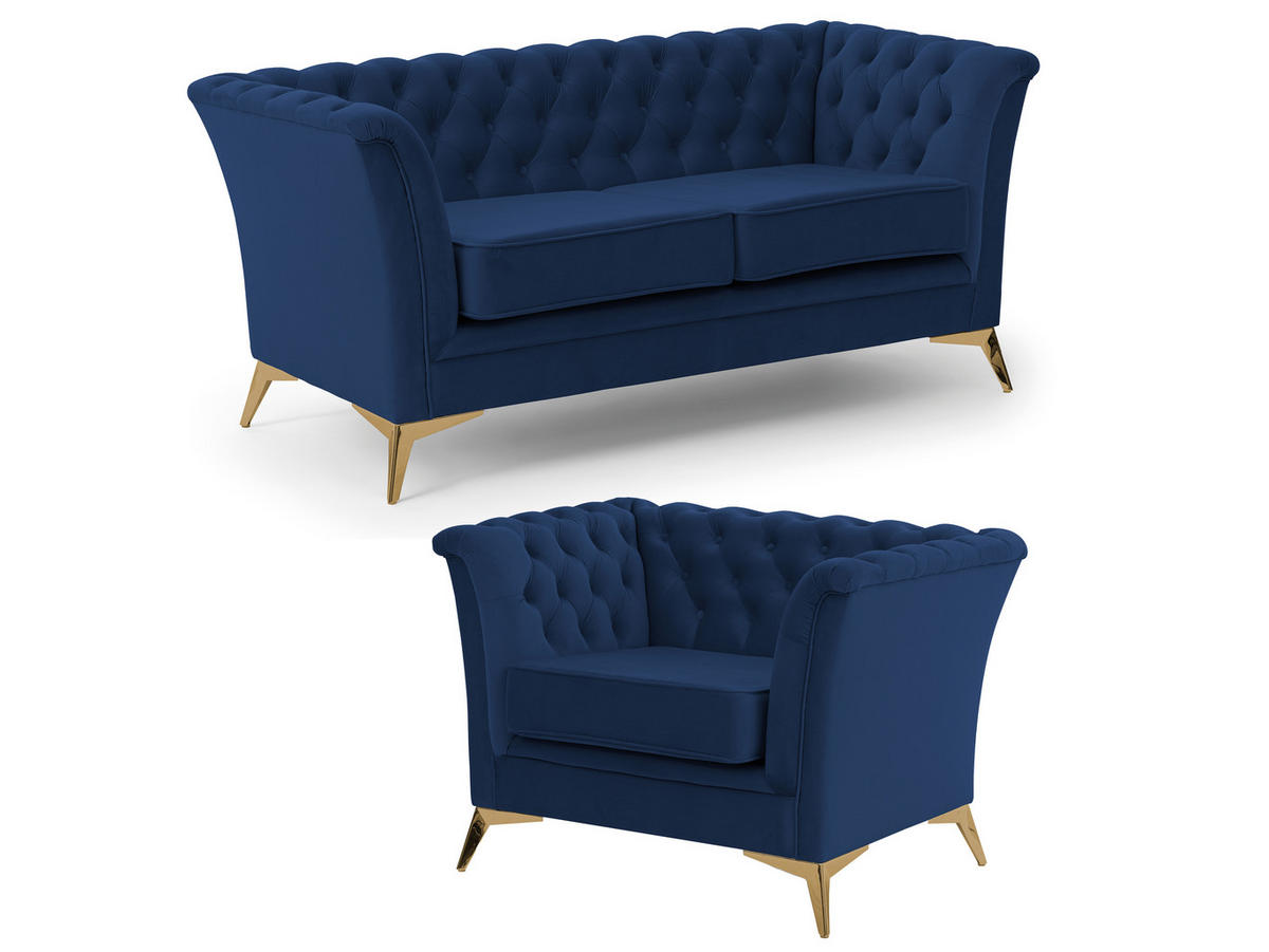 SITZGARNITUR 2+1 Chesterfield Whitby Marineblau Samt mit goldenen Füßen - Blau/Goldfarben, Holz/Textil (175/78/82cm) - S-Style Möbel