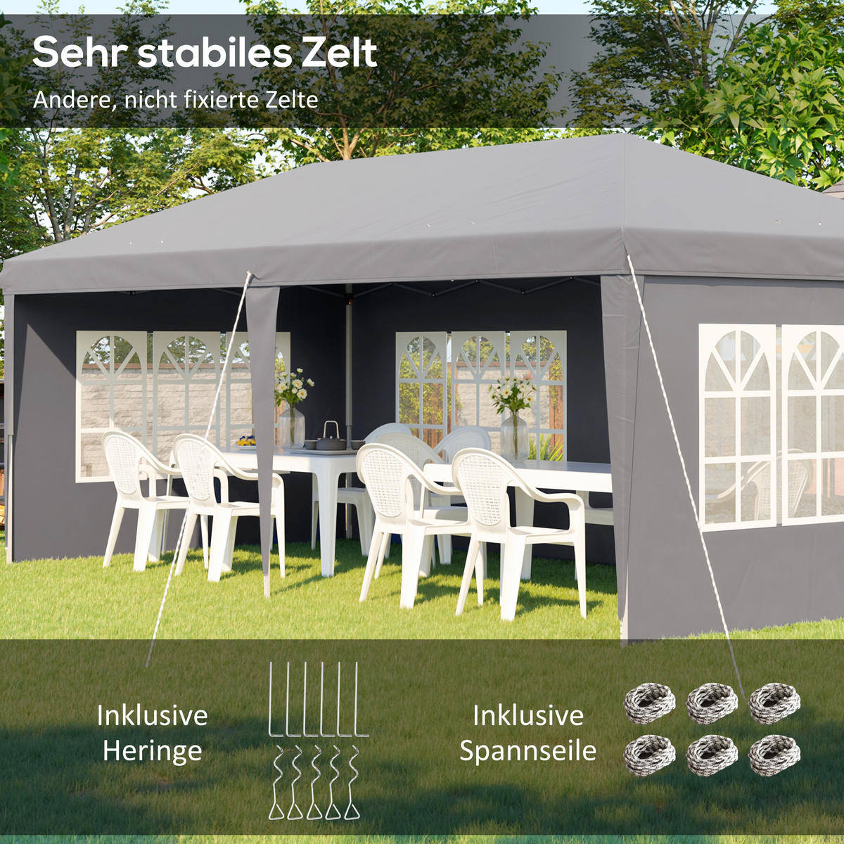 PAVILLON ca. 3x6m Wasserdicht Pop-up Faltpavillon mit 4 Seitenwänden, Fenster - Grau, Textil (295/270/585cm) - Outsunny