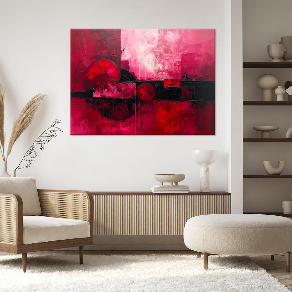 WANDBILD, Karminrote abstrakte Malerei in einer Nachtszene - Rosa, Textil (120/80cm) - Feeby