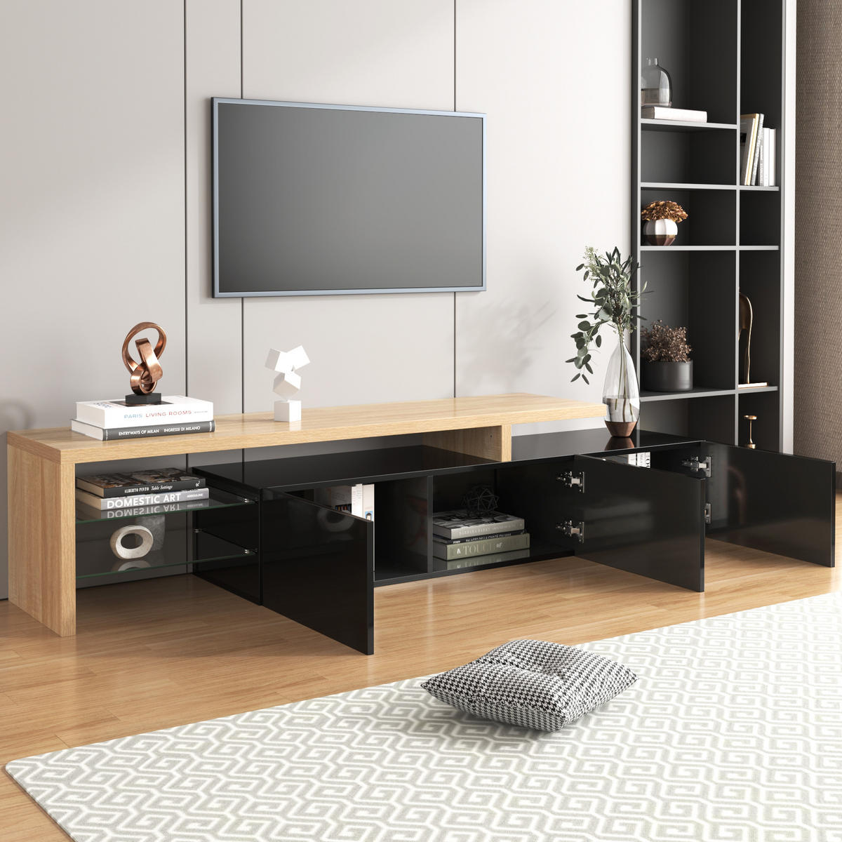LOWBOARD mit LED-Beleuchtung, 3 Schubladen und Offene Fächer - Schwarz, Glas/Holzwerkstoff (197.5/42/39cm) - Urban Meuble