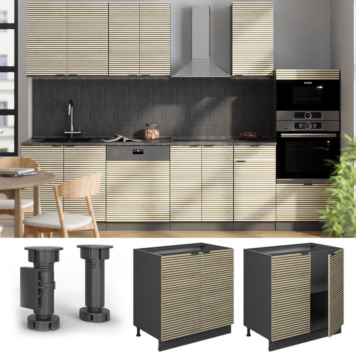 SPÜLENUNTERSCHRANK Fame-Line Eiche Paneel 80 cm mit Regal, AP Anthrazit - Eichefarben/Anthrazit, Holzwerkstoff (80/82/60cm) - Vicco