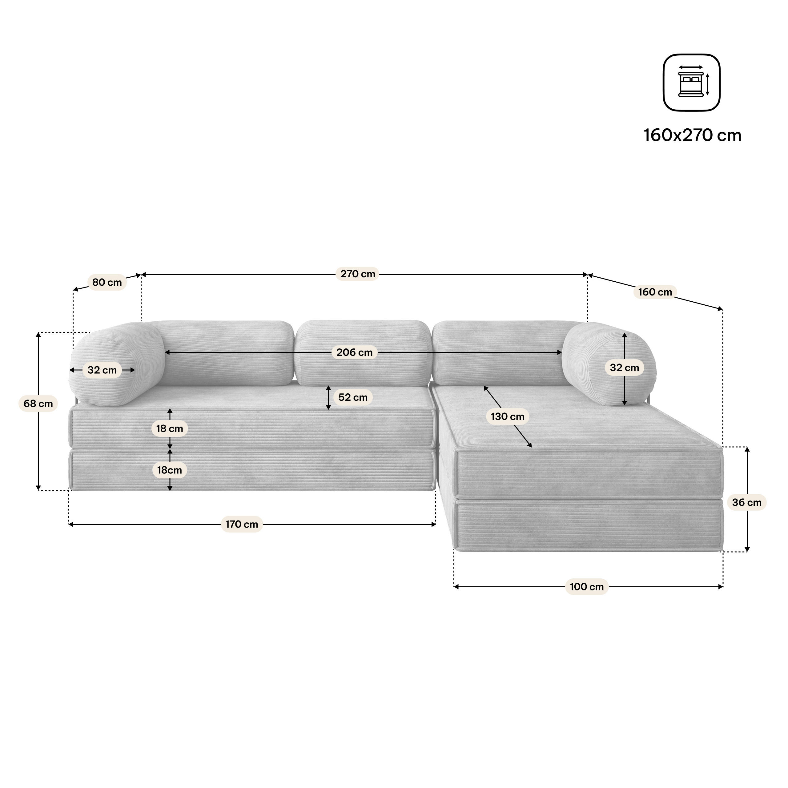 Masseno Ecksofa Beige 270x160 cm