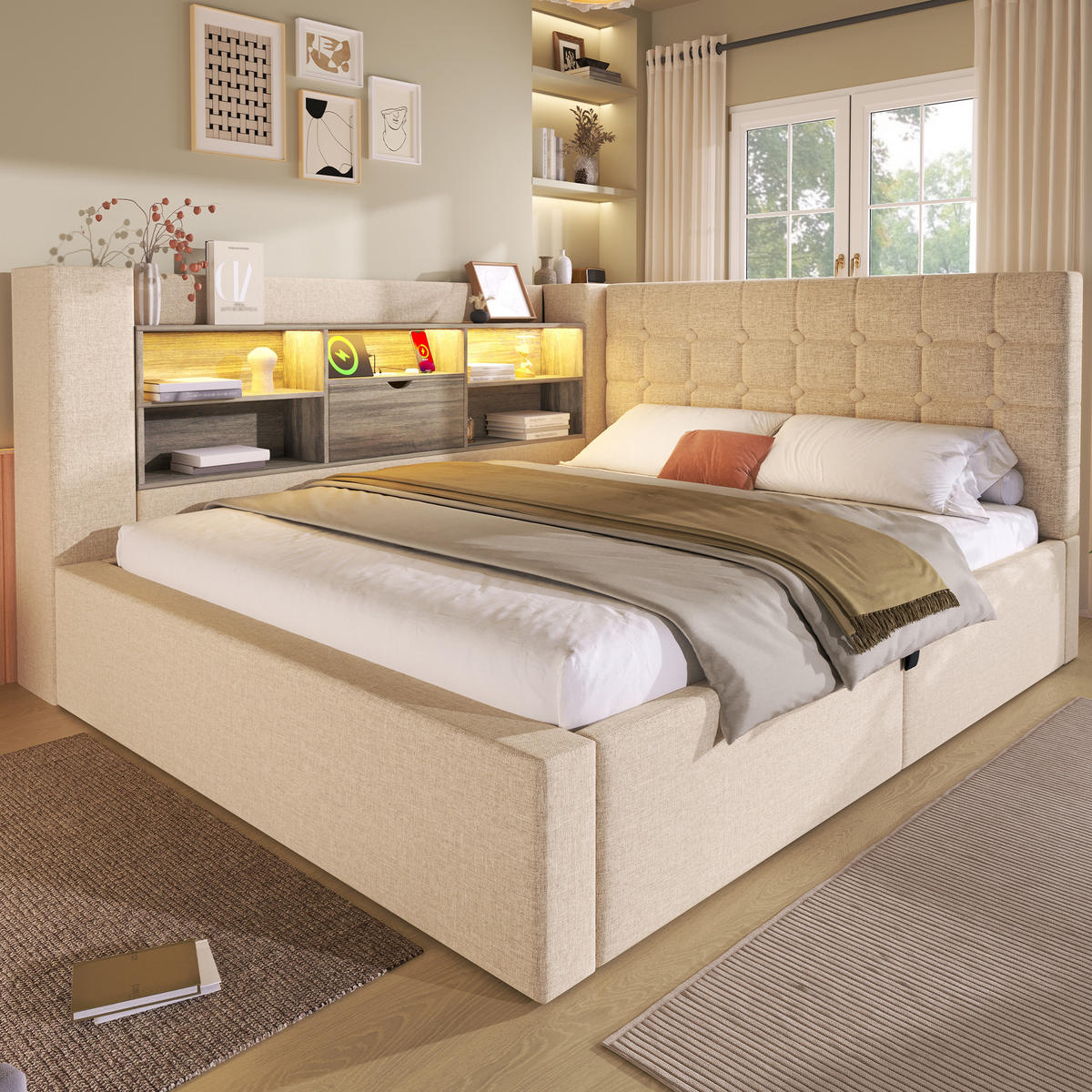 POLSTERBETT 140/190 cm Beige aus Leinen mit Stauraum Hydraulik und LED-Beleuchtung - Beige, Textil (140/190cm) - OKWISH