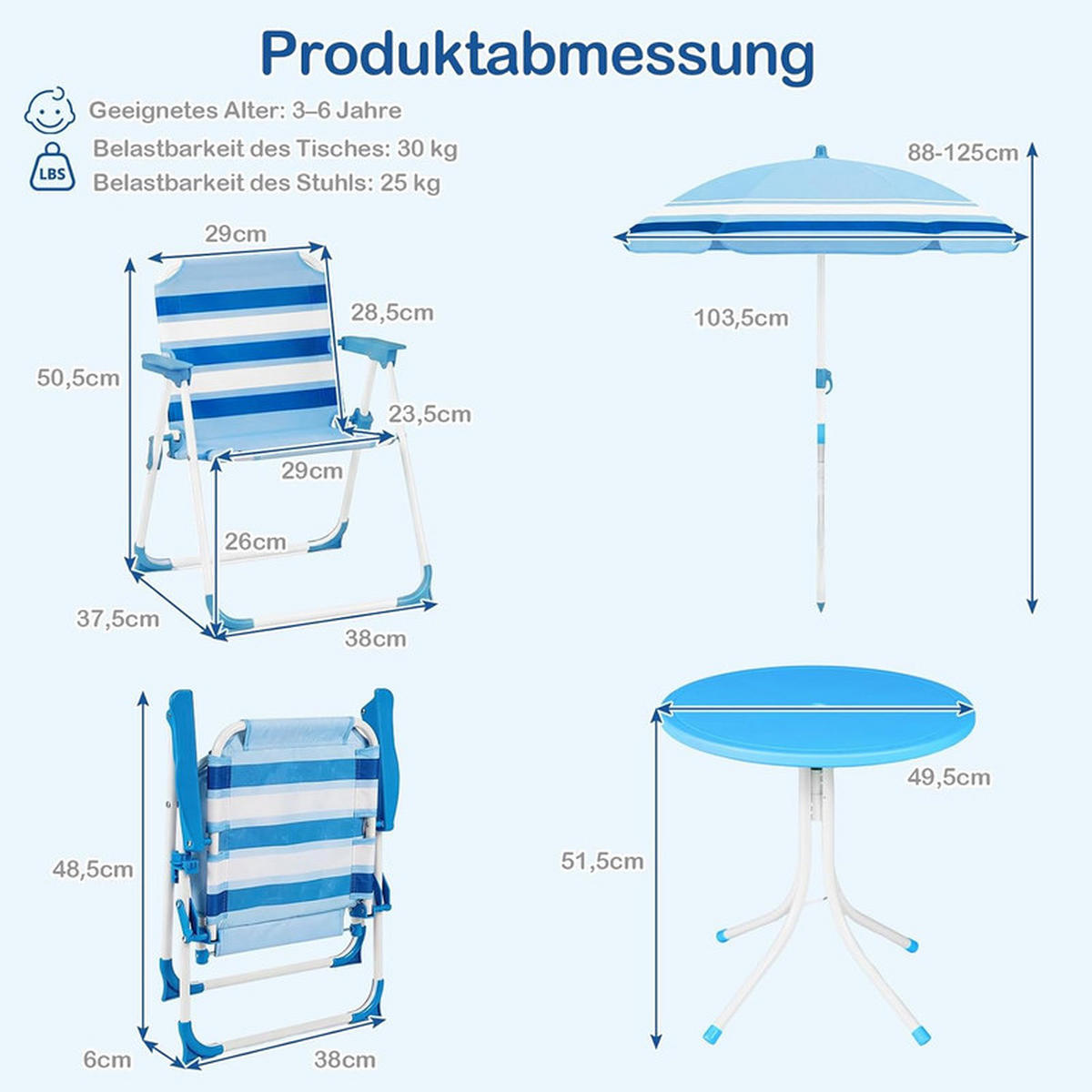 KINDER-SITZGRUPPE mit Sonnenschirm blau(4-tlg) - Blau, Metall - COSTWAY