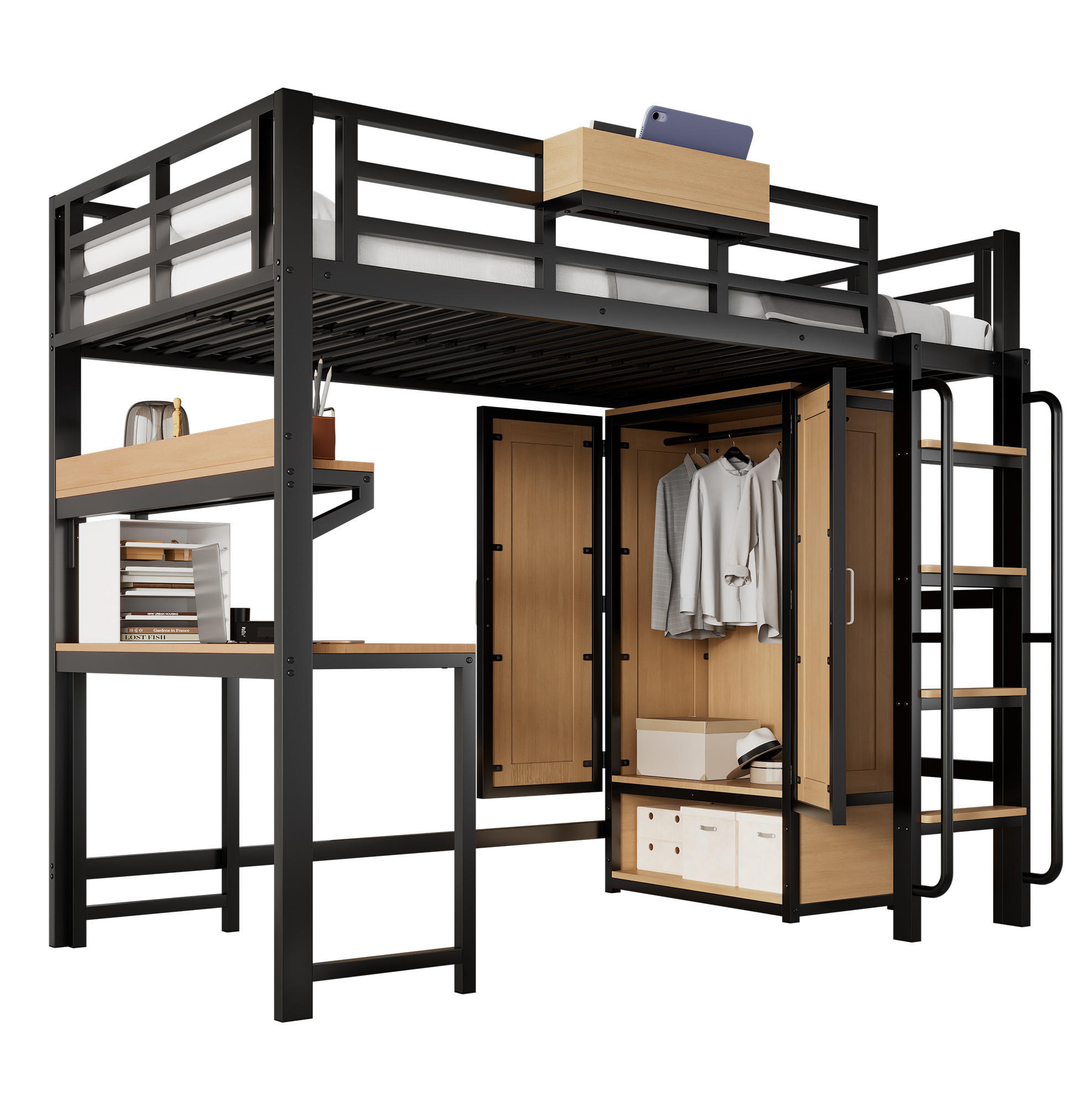 HOCHBETT 90/200 cm mit Kleiderschrank, Schreibtisch und Regal in Schwarz/Natur - Schwarz, Metall (90/200cm) - Flora Grace