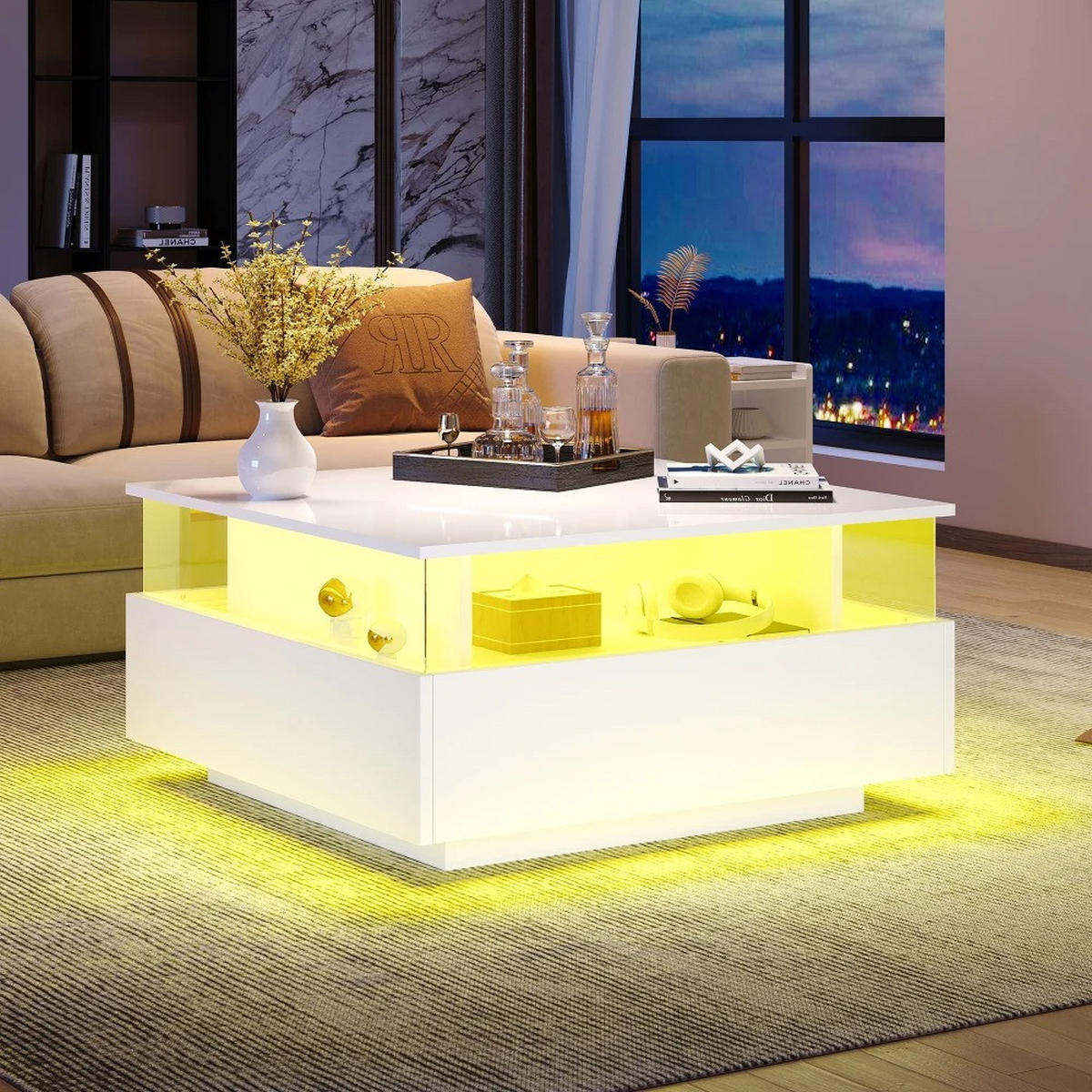 COUCHTISCH, Weiß, Hochglanz-LED, 70 x 70 x 41 cm, mit Schubladen - Weiß, Holzwerkstoff (70/70/41cm) - Kaket
