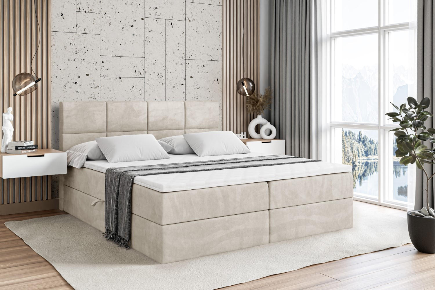 BOXBETT mit Matratze H3 und Lattenrost - ARDENI - 200x200 cm Ecru - Ecru, Holzwerkstoff (200/200cm) - ALTDECOR
