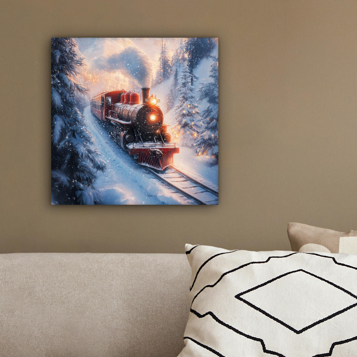 LEINWANDBILD Weihnachtszug - Schnee - Winter - Weihnachten 20x20 cm - Dunkelrot, Textil (20/20cm) - MuchoWow