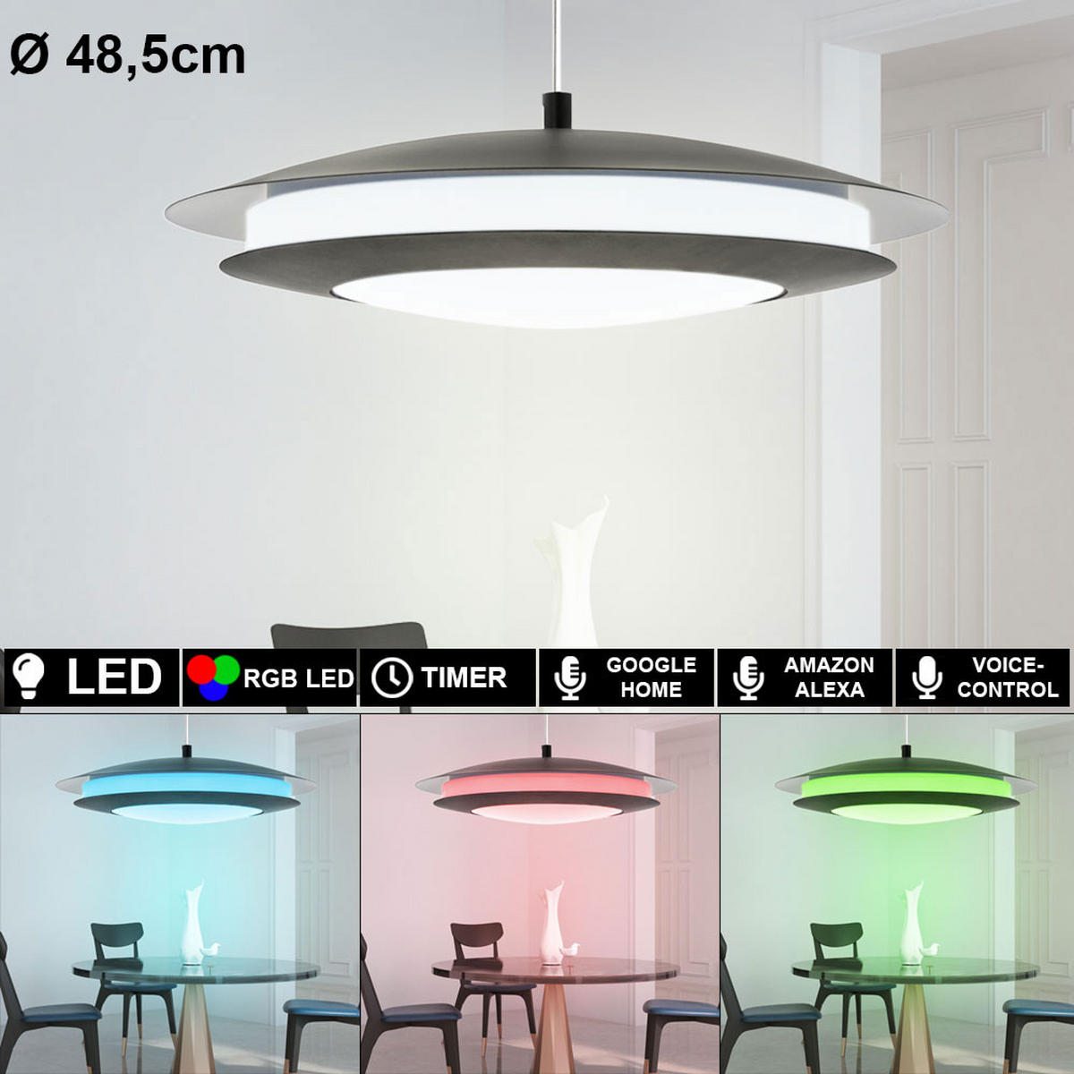 LED HÄNGELEUCHTE MONEVA-C Schwarz - Schwarz, Metall (48.5/48.5/150cm)