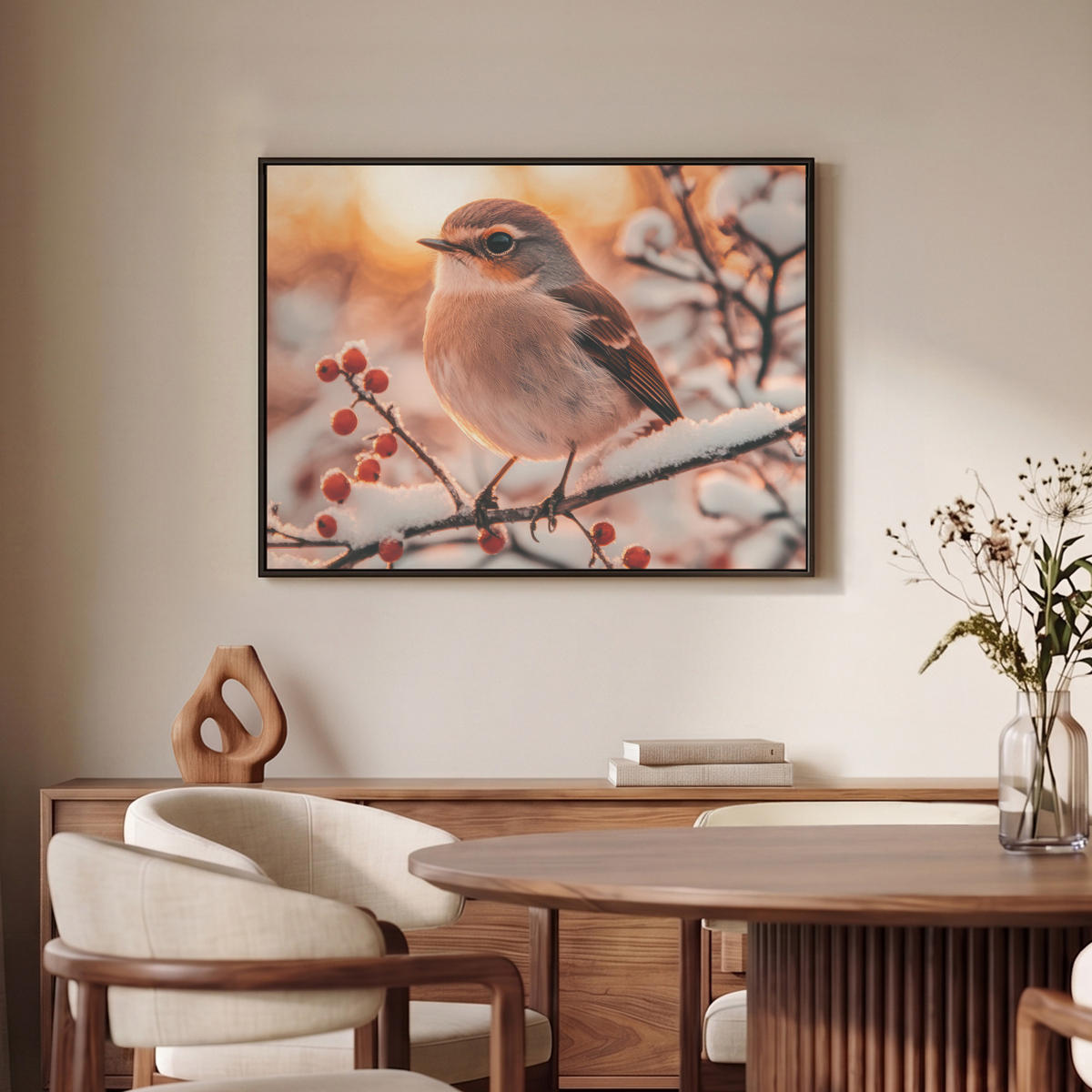 LEINWAND Bilder mit Rahmen - Vogel - Zweig - Winter - Tiere - Schnee - 80x60 - Bernsteinfarben, Textil (80/60cm) - MuchoWow