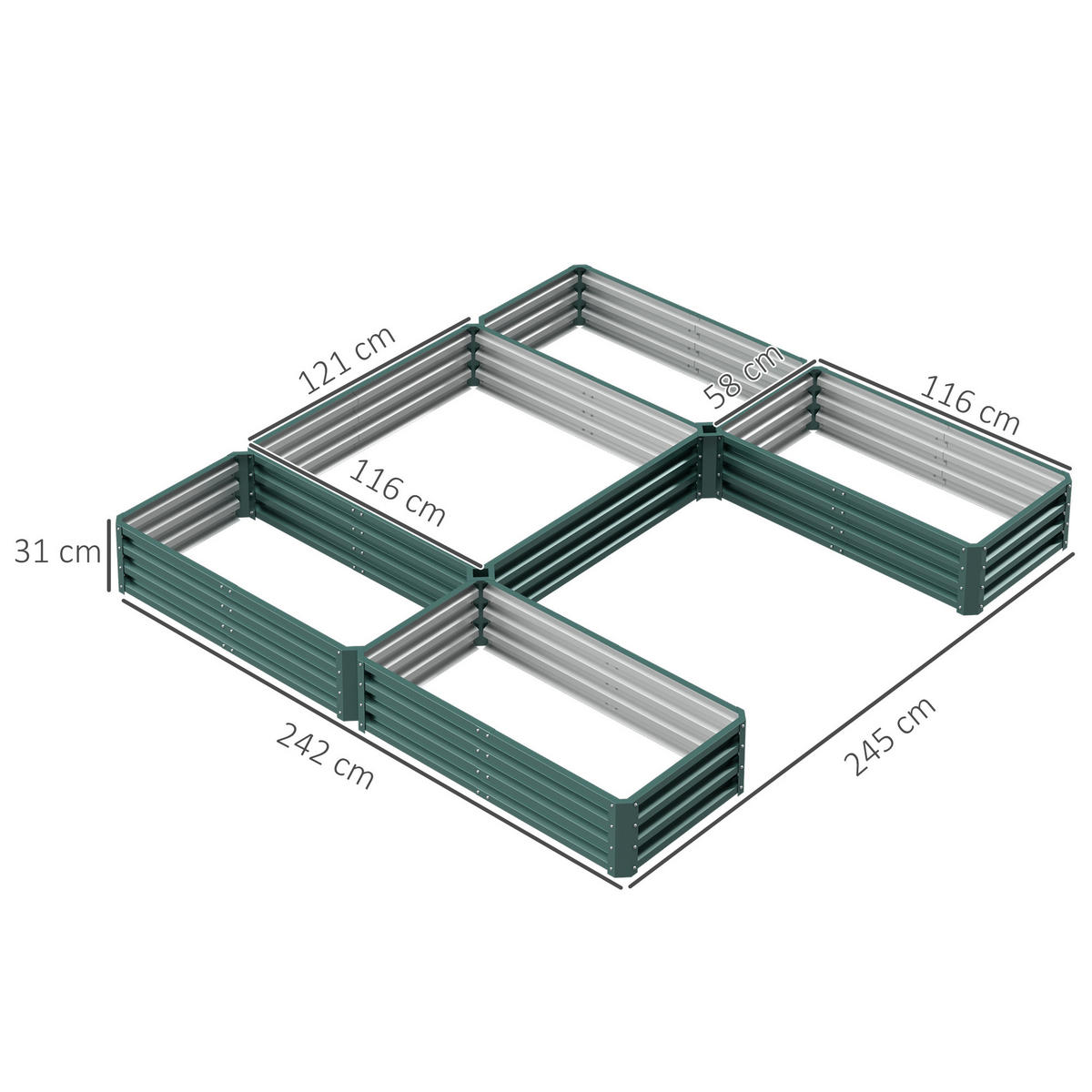 HOCHBEET-SET DE-12136 modulares 5er-Set aus Stahl, 121/116/31 cm Grün - Grün, Metall (245/31/242cm) - ComfortXL