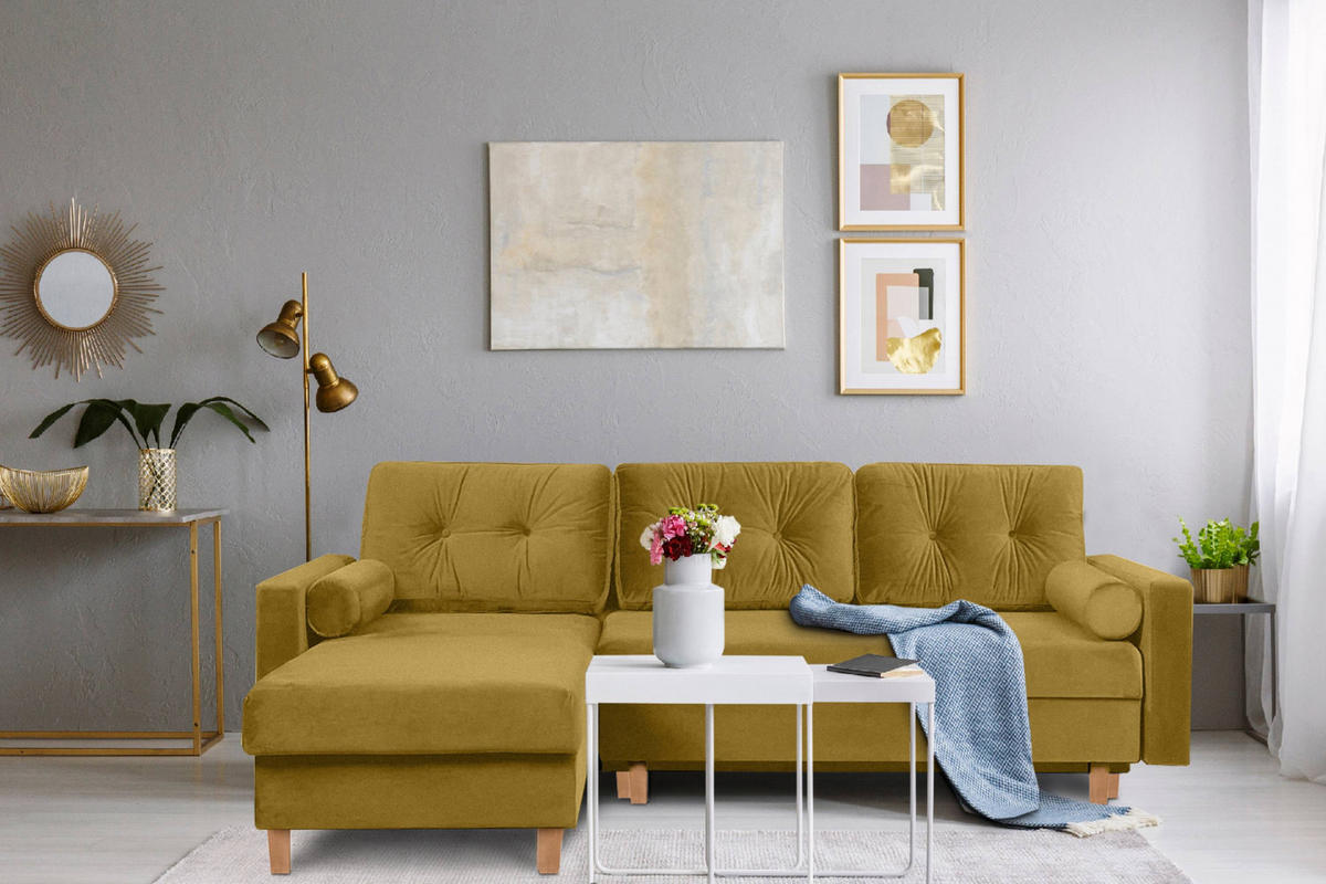 ECKSCHLAFSOFA ERISO 3/4 Sitzer und Universalecke mit Ottoman, Velour-Stoff, honig - Braun/Honig, Textil (240/183cm) - KONSIMO®