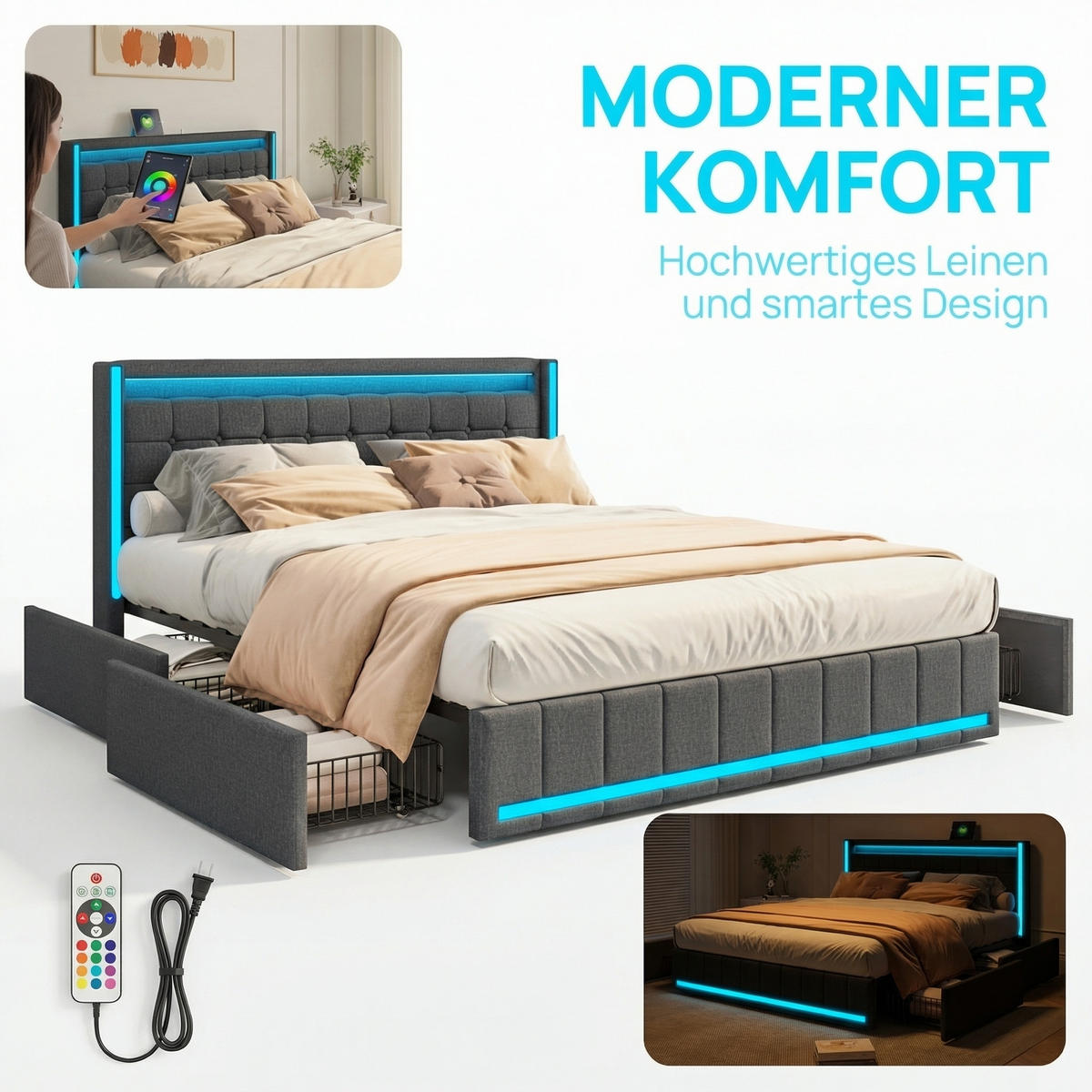 DOPPELBETT 160x200 cm mit 4 Schubladen, LED und Ladefunktion – Polsterbett in Grau - Grau, Holz/Metall (160/200cm) - PARAFTA HOME