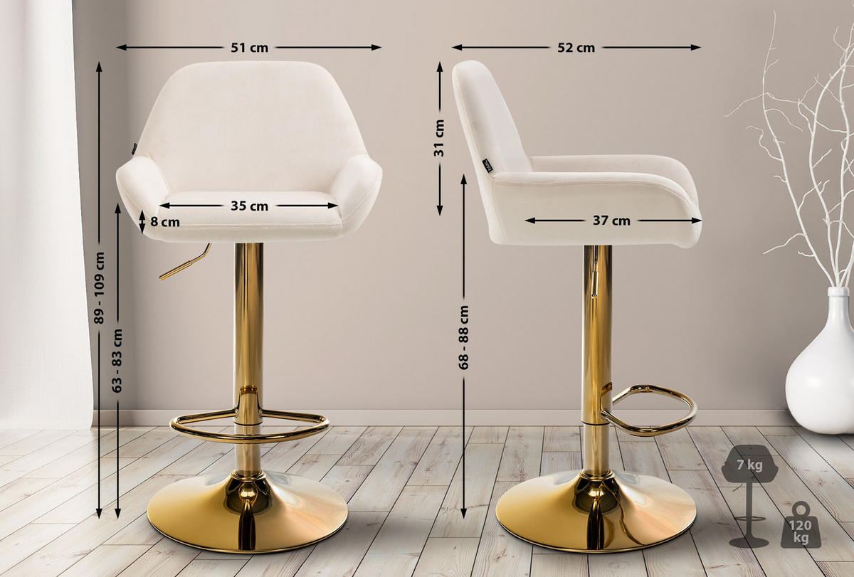 BARHOCKER 2er Set Prag Gold Samt creme - Goldfarben/Creme, Textil/Metall (51/109/52cm) - TPFLiving
